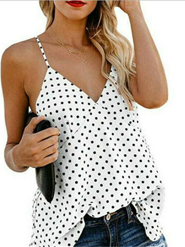 The Best Women Vest Polka Dot Print Sleeveless Loose Camisole Ladies Summer Holiday Casual V-Neck Tank Tops Blouse Shirt Online - Takalr