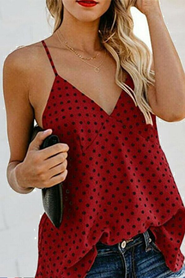 The Best Women Vest Polka Dot Print Sleeveless Loose Camisole Ladies Summer Holiday Casual V-Neck Tank Tops Blouse Shirt Online - Takalr