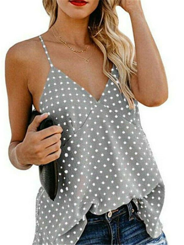 The Best Women Vest Polka Dot Print Sleeveless Loose Camisole Ladies Summer Holiday Casual V-Neck Tank Tops Blouse Shirt Online - Takalr