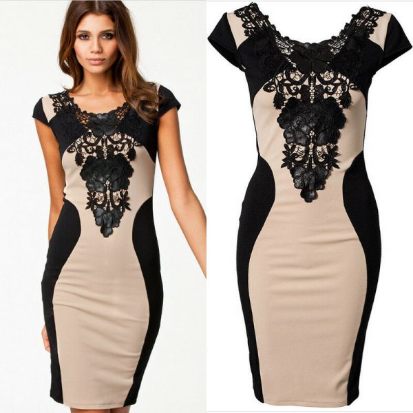 The Best Women Vintage Elegant Dress Round Neck Lace Package Hip Dress Sexy Backless Bodycon Mini Dress Glorious Sexy Short Sleeve Dress Online - Takalr