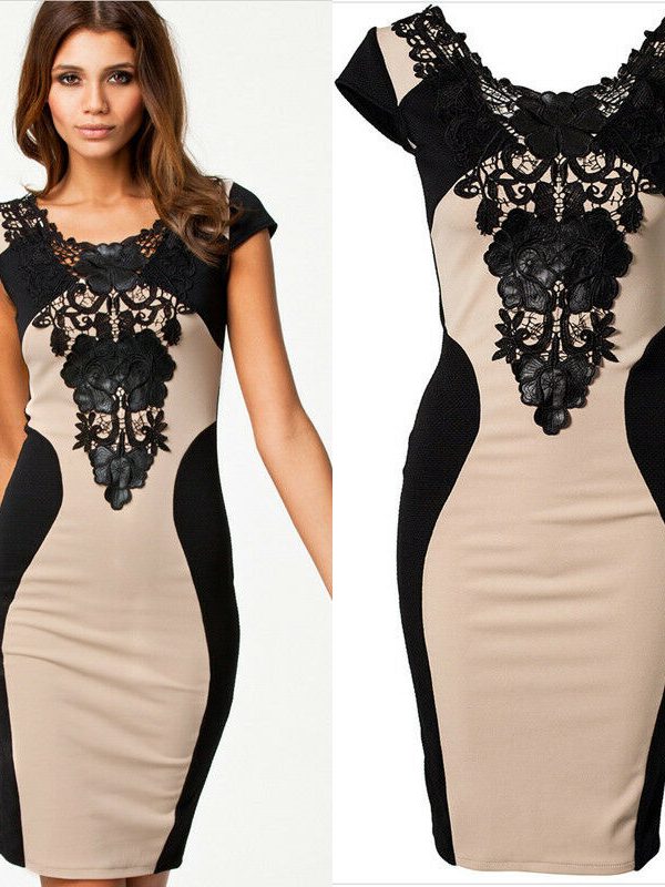 The Best Women Vintage Elegant Dress Round Neck Lace Package Hip Dress Sexy Backless Bodycon Mini Dress Glorious Sexy Short Sleeve Dress Online - Takalr