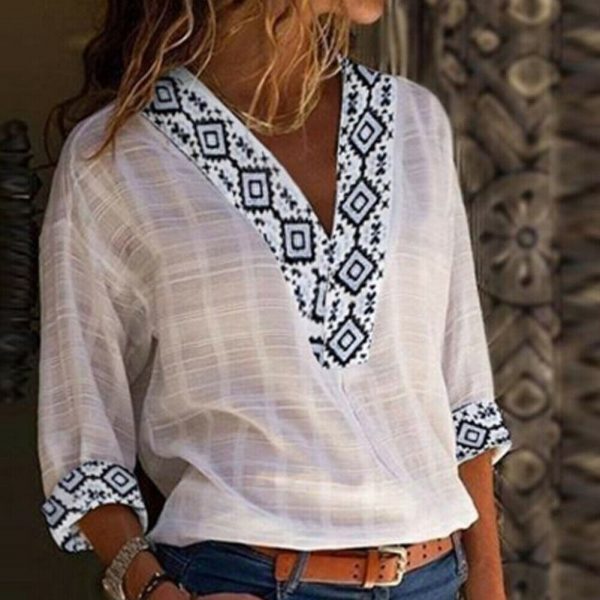 The Best Women Vintage V-Neck Baggy Blouse 2019 Fashion OL Ladies Summer Long Sleeve Casual Loose Tunic Tops Outwear Ladies Clothes Online - Takalr