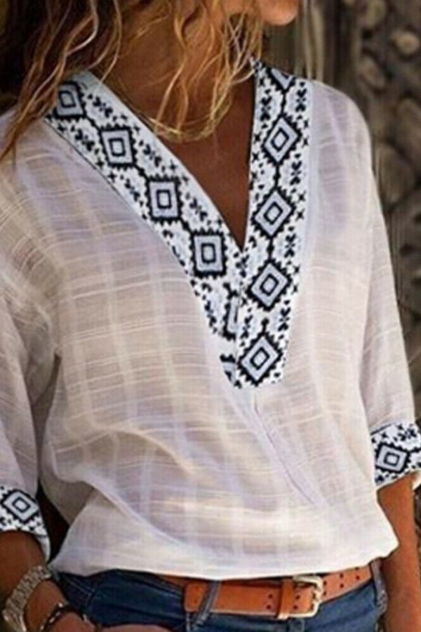 The Best Women Vintage V-Neck Baggy Blouse 2019 Fashion OL Ladies Summer Long Sleeve Casual Loose Tunic Tops Outwear Ladies Clothes Online - Takalr