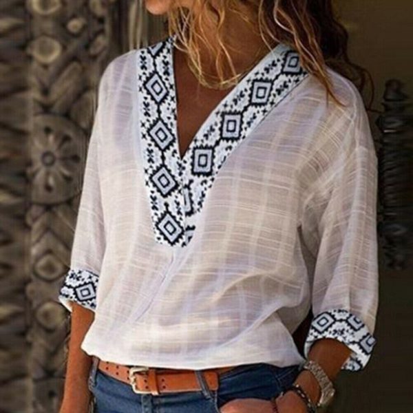 The Best Women Vintage V-Neck Baggy Blouse 2019 Fashion OL Ladies Summer Long Sleeve Casual Loose Tunic Tops Outwear Ladies Clothes Online - Takalr