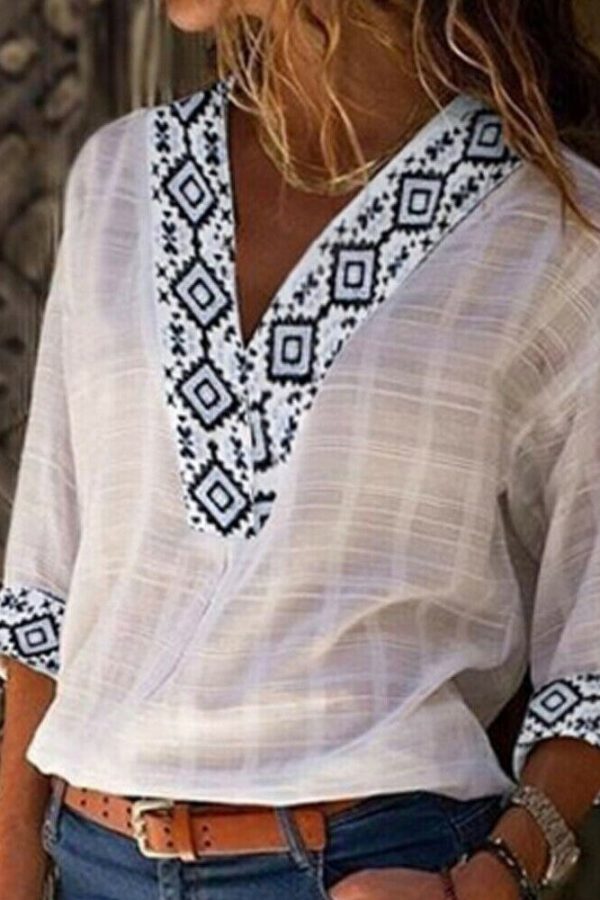 The Best Women Vintage V-Neck Baggy Blouse 2019 Fashion OL Ladies Summer Long Sleeve Casual Loose Tunic Tops Outwear Ladies Clothes Online - Takalr