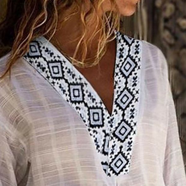 The Best Women Vintage V-Neck Baggy Blouse 2019 Fashion OL Ladies Summer Long Sleeve Casual Loose Tunic Tops Outwear Ladies Clothes Online - Takalr