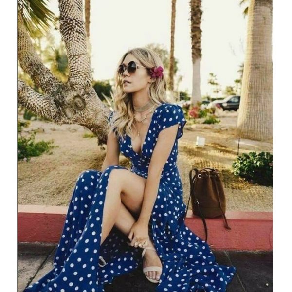 The Best Women Wrap Summer Boho Polka Dot Maxi Dress Casual Ladies Short Sleeve V Neck Holiday Beach Long Sundress Plus Size Online - Takalr