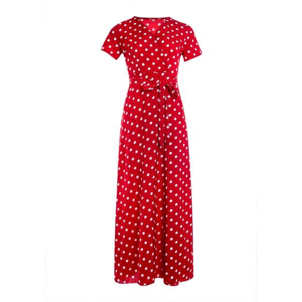 The Best Women Wrap Summer Boho Polka Dot Maxi Dress Casual Ladies Short Sleeve V Neck Holiday Beach Long Sundress Plus Size Online - Takalr