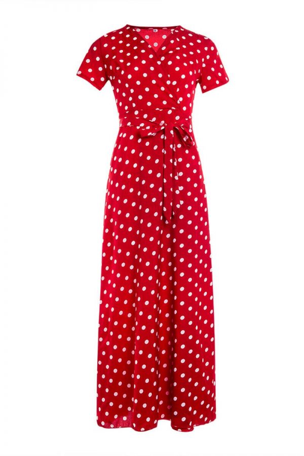 The Best Women Wrap Summer Boho Polka Dot Maxi Dress Casual Ladies Short Sleeve V Neck Holiday Beach Long Sundress Plus Size Online - Takalr