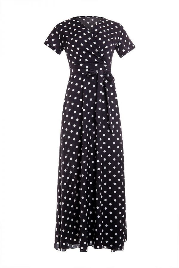 The Best Women Wrap Summer Boho Polka Dot Maxi Dress Casual Ladies Short Sleeve V Neck Holiday Beach Long Sundress Plus Size Online - Takalr