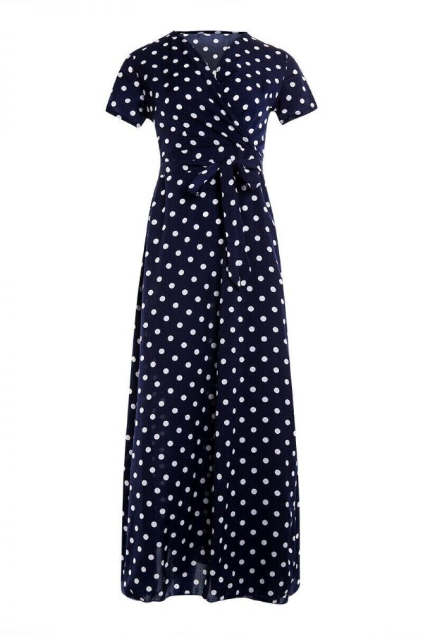 The Best Women Wrap Summer Boho Polka Dot Maxi Dress Casual Ladies Short Sleeve V Neck Holiday Beach Long Sundress Plus Size Online - Takalr