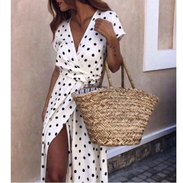 The Best Women Wrap Summer Boho Polka Dot Maxi Dress Casual Ladies Short Sleeve V Neck Holiday Beach Long Sundress Plus Size Online - Takalr