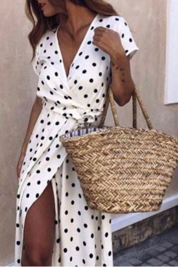 The Best Women Wrap Summer Boho Polka Dot Maxi Dress Casual Ladies Short Sleeve V Neck Holiday Beach Long Sundress Plus Size Online - Takalr