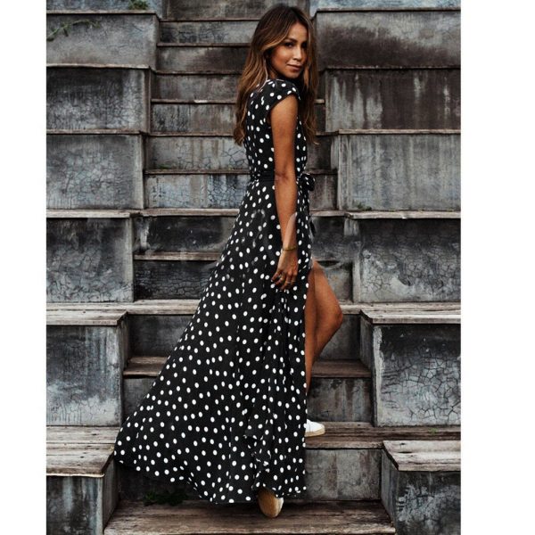 The Best Women Wrap Summer Boho Polka Dot Maxi Dress Casual Ladies Short Sleeve V Neck Holiday Beach Long Sundress Plus Size Online - Takalr