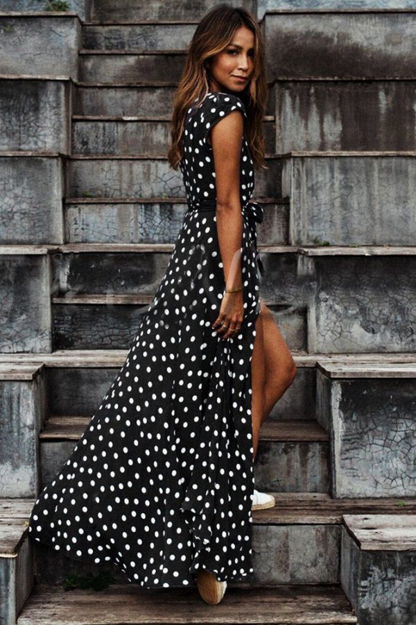 The Best Women Wrap Summer Boho Polka Dot Maxi Dress Casual Ladies Short Sleeve V Neck Holiday Beach Long Sundress Plus Size Online - Takalr