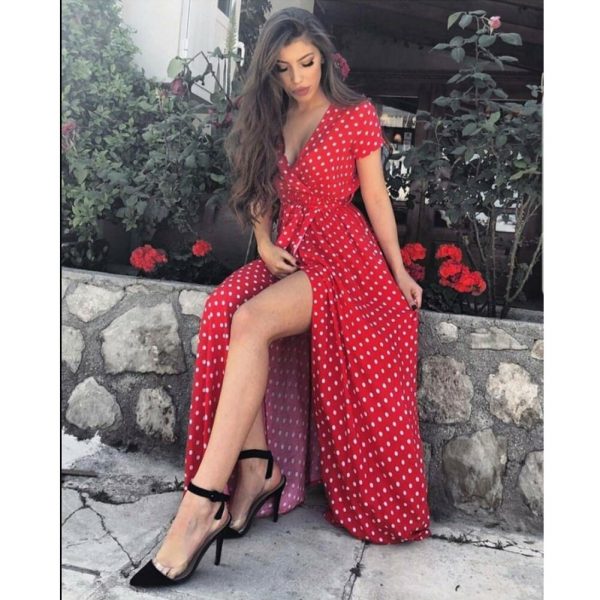 The Best Women Wrap Summer Boho Polka Dot Maxi Dress Casual Ladies Short Sleeve V Neck Holiday Beach Long Sundress Plus Size Online - Takalr