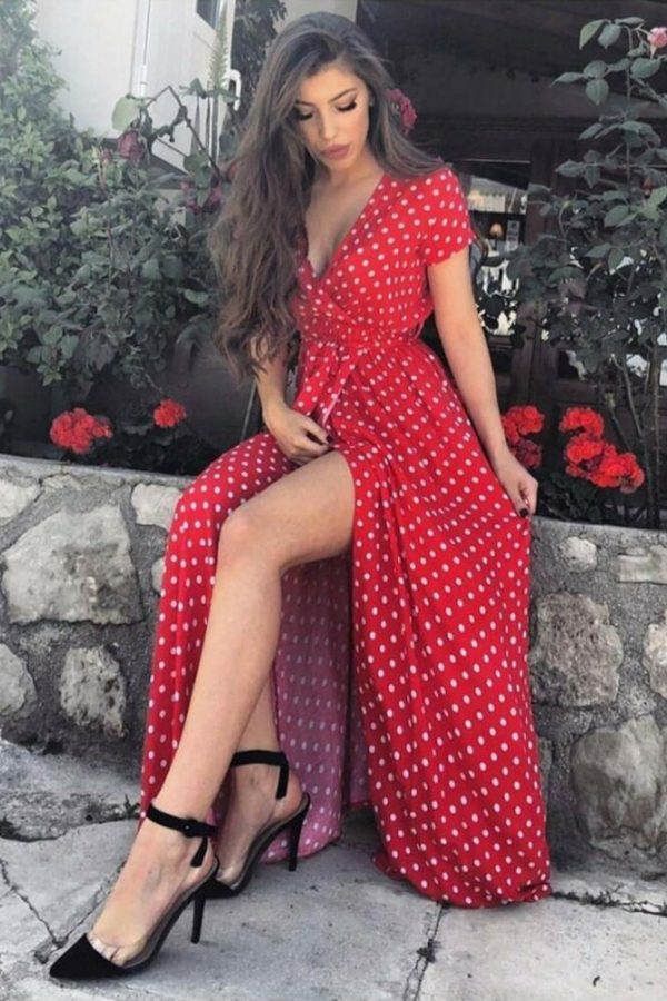 The Best Women Wrap Summer Boho Polka Dot Maxi Dress Casual Ladies Short Sleeve V Neck Holiday Beach Long Sundress Plus Size Online - Takalr