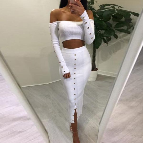 Women crop tops and skirt jumpsuit 2 piece set Autumn fashion button up skinny skirt overalls women club party wear - Takalr