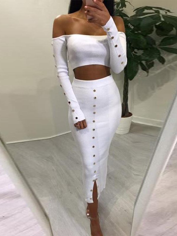 Women crop tops and skirt jumpsuit 2 piece set Autumn fashion button up skinny skirt overalls women club party wear - Takalr