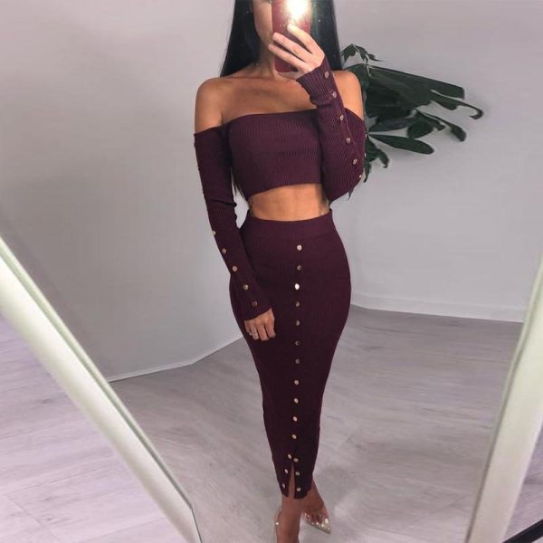 Women crop tops and skirt jumpsuit 2 piece set Autumn fashion button up skinny skirt overalls women club party wear - Takalr