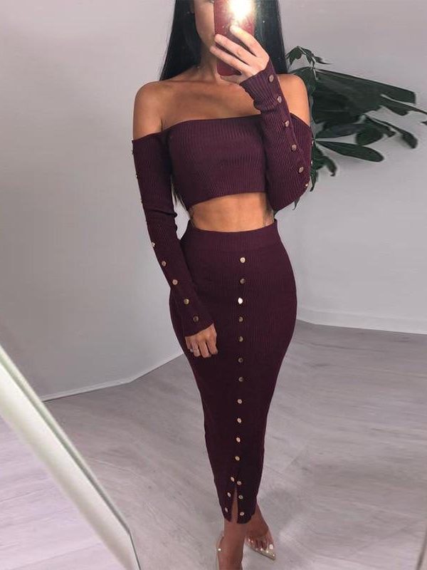 Women crop tops and skirt jumpsuit 2 piece set Autumn fashion button up skinny skirt overalls women club party wear - Takalr