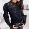 Women puff sleeve lace tops stand collar flower crochet transparent blouse shirt long sleeve hollow white black blusa mujer - Takalr