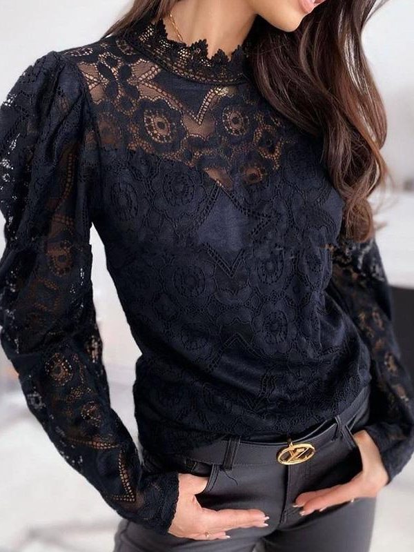 Women puff sleeve lace tops stand collar flower crochet transparent blouse shirt long sleeve hollow white black blusa mujer - Takalr