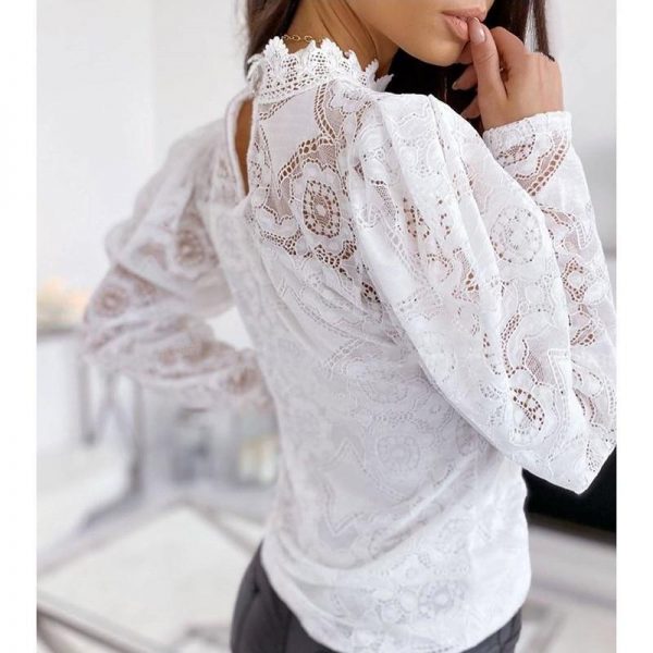 Women puff sleeve lace tops stand collar flower crochet transparent blouse shirt long sleeve hollow white black blusa mujer - Takalr