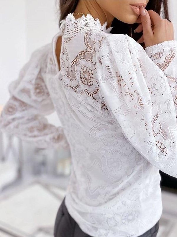 Women puff sleeve lace tops stand collar flower crochet transparent blouse shirt long sleeve hollow white black blusa mujer - Takalr