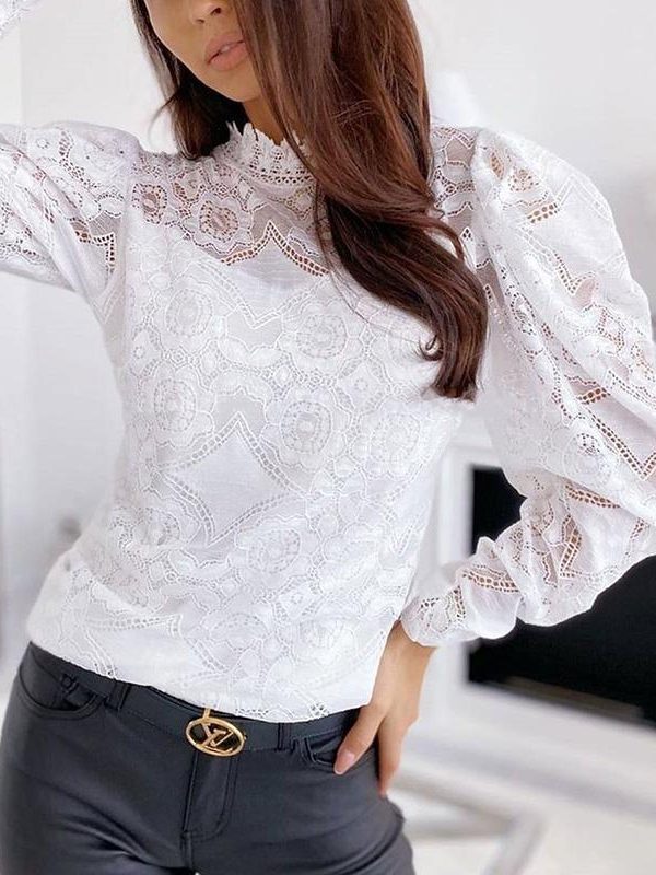 Women puff sleeve lace tops stand collar flower crochet transparent blouse shirt long sleeve hollow white black blusa mujer - Takalr