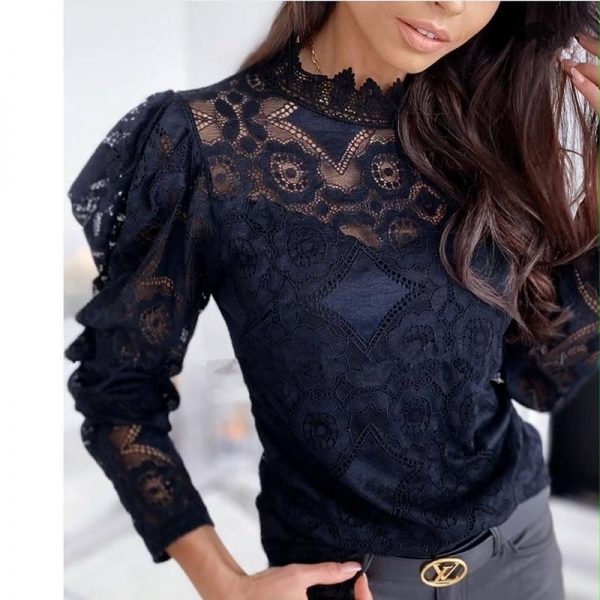 Women puff sleeve lace tops stand collar flower crochet transparent blouse shirt long sleeve hollow white black blusa mujer - Takalr