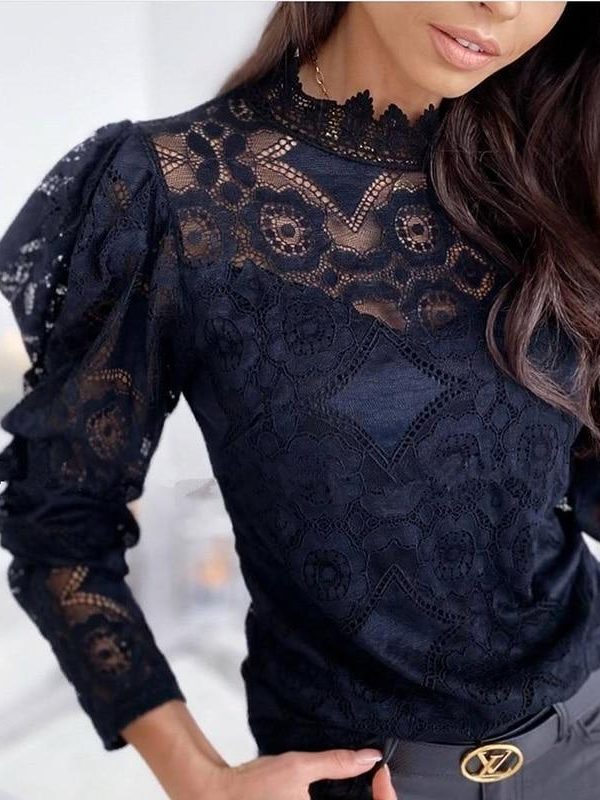 Women puff sleeve lace tops stand collar flower crochet transparent blouse shirt long sleeve hollow white black blusa mujer - Takalr