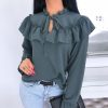 The Best Women's Falbala Lace Up Blouse Long Sleeve Sexy Bowtie Blouse Shirts Casual Ruffled Crew Neck Cutout Front Pullover Tunic Tops Online - Takalr