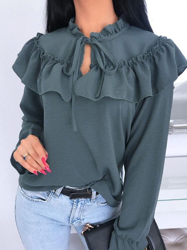 The Best Women's Falbala Lace Up Blouse Long Sleeve Sexy Bowtie Blouse Shirts Casual Ruffled Crew Neck Cutout Front Pullover Tunic Tops Online - Takalr