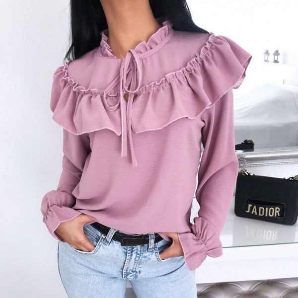 The Best Women's Falbala Lace Up Blouse Long Sleeve Sexy Bowtie Blouse Shirts Casual Ruffled Crew Neck Cutout Front Pullover Tunic Tops Online - Takalr