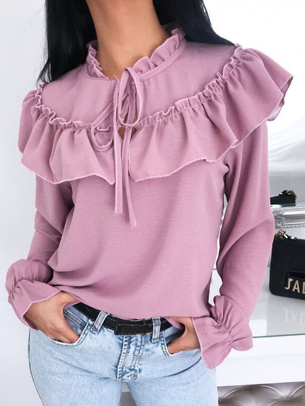 The Best Women's Falbala Lace Up Blouse Long Sleeve Sexy Bowtie Blouse Shirts Casual Ruffled Crew Neck Cutout Front Pullover Tunic Tops Online - Takalr