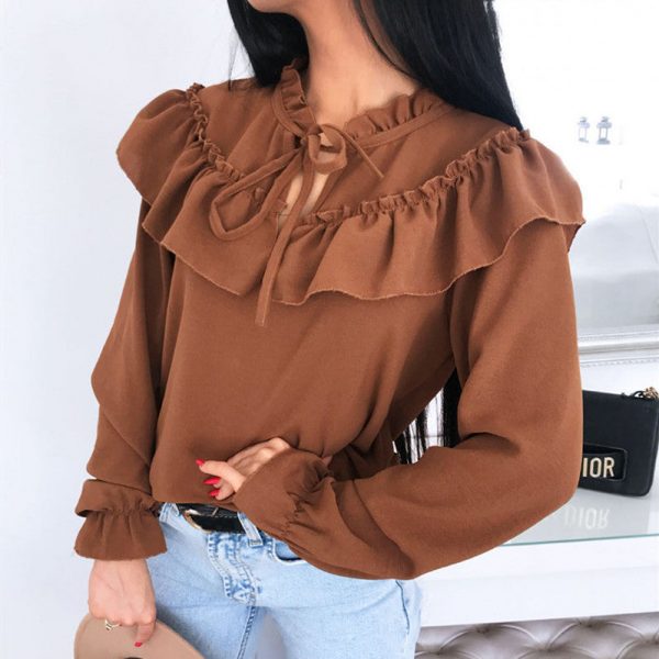 The Best Women's Falbala Lace Up Blouse Long Sleeve Sexy Bowtie Blouse Shirts Casual Ruffled Crew Neck Cutout Front Pullover Tunic Tops Online - Takalr