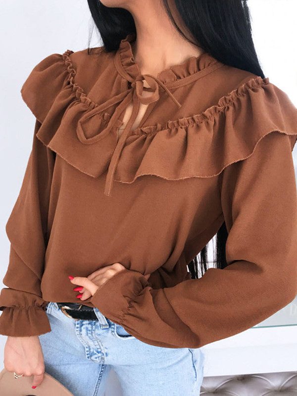 The Best Women's Falbala Lace Up Blouse Long Sleeve Sexy Bowtie Blouse Shirts Casual Ruffled Crew Neck Cutout Front Pullover Tunic Tops Online - Takalr