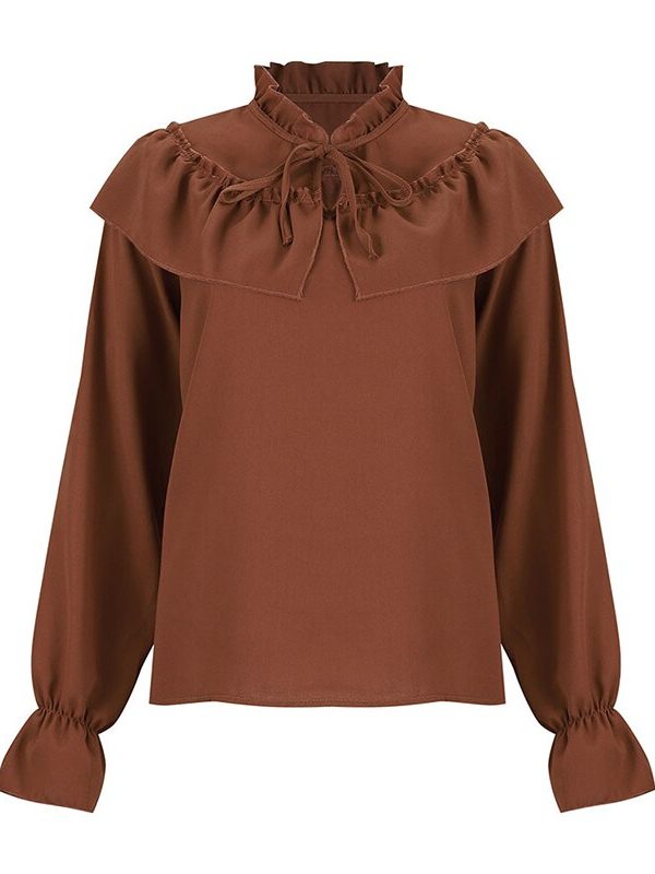 The Best Women's Falbala Lace Up Blouse Long Sleeve Sexy Bowtie Blouse Shirts Casual Ruffled Crew Neck Cutout Front Pullover Tunic Tops Online - Takalr