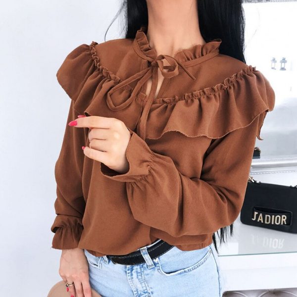 The Best Women's Falbala Lace Up Blouse Long Sleeve Sexy Bowtie Blouse Shirts Casual Ruffled Crew Neck Cutout Front Pullover Tunic Tops Online - Takalr