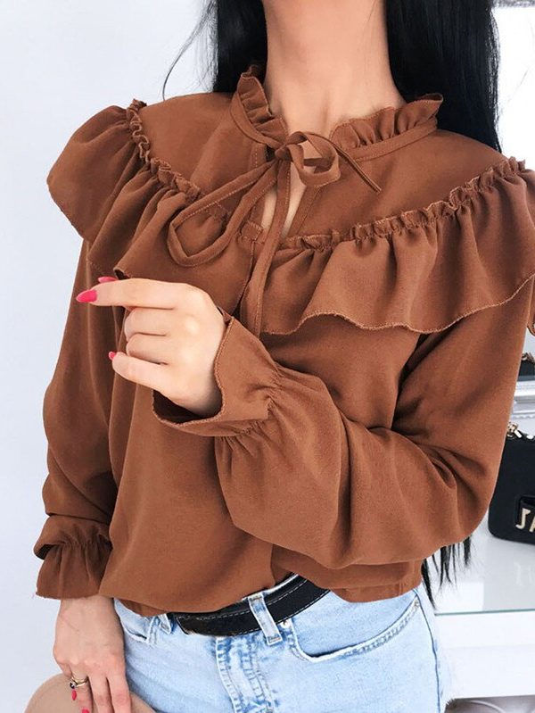 The Best Women's Falbala Lace Up Blouse Long Sleeve Sexy Bowtie Blouse Shirts Casual Ruffled Crew Neck Cutout Front Pullover Tunic Tops Online - Takalr