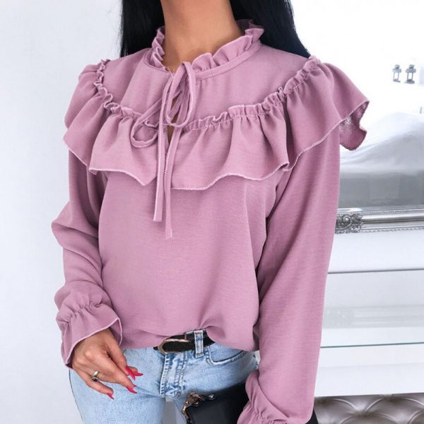 The Best Women's Falbala Lace Up Blouse Long Sleeve Sexy Bowtie Blouse Shirts Casual Ruffled Crew Neck Cutout Front Pullover Tunic Tops Online - Takalr