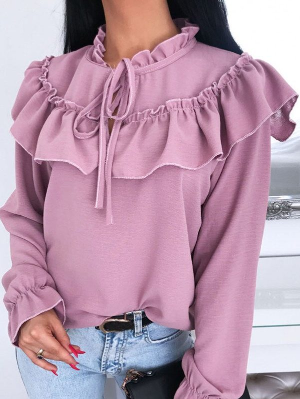 The Best Women's Falbala Lace Up Blouse Long Sleeve Sexy Bowtie Blouse Shirts Casual Ruffled Crew Neck Cutout Front Pullover Tunic Tops Online - Takalr