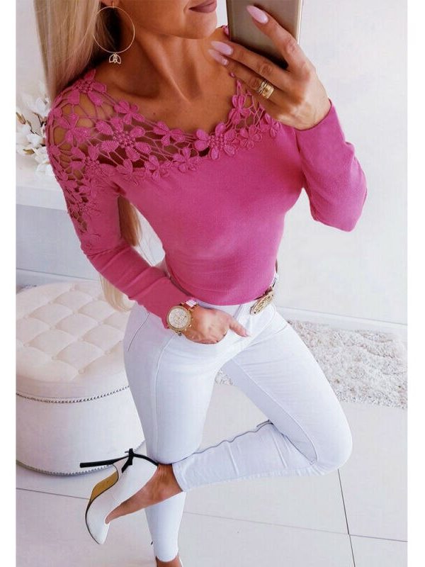 The Best Women's Fashion Long Sleeve Lace Crew Neck Casual Shirts Tops Elegant Ladies Slim Fit Blouse Tee New 2019 Online - Takalr