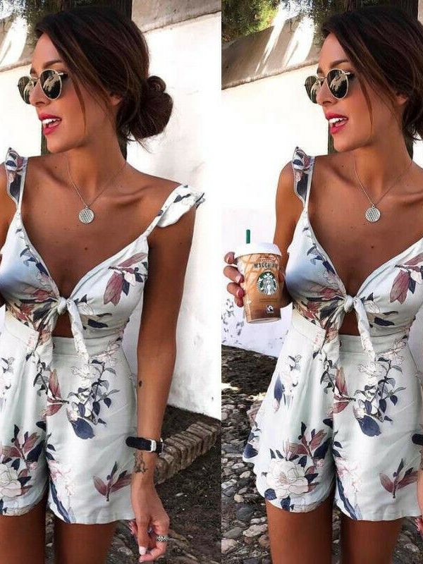 The Best Women's Floral Print Holiday Mini Playsuit Fashion Sexy Ladies Sleeveless V-Neck Jumpsuit New Casual Summer Beach Playsuits Online - Takalr