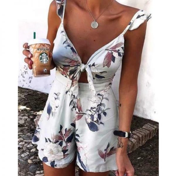 The Best Women's Floral Print Holiday Mini Playsuit Fashion Sexy Ladies Sleeveless V-Neck Jumpsuit New Casual Summer Beach Playsuits Online - Takalr