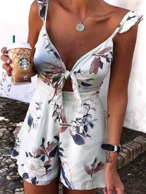 The Best Women's Floral Print Holiday Mini Playsuit Fashion Sexy Ladies Sleeveless V-Neck Jumpsuit New Casual Summer Beach Playsuits Online - Takalr