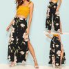 The Best Women's Floral Print Wide Leg High Elastic Waist Simmer Casual Cropped Pants Ladies Split Loose Beach Trousers Online - Takalr