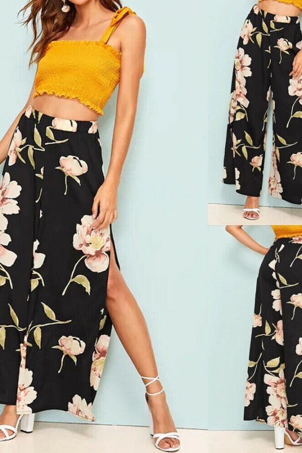 The Best Women's Floral Print Wide Leg High Elastic Waist Simmer Casual Cropped Pants Ladies Split Loose Beach Trousers Online - Takalr