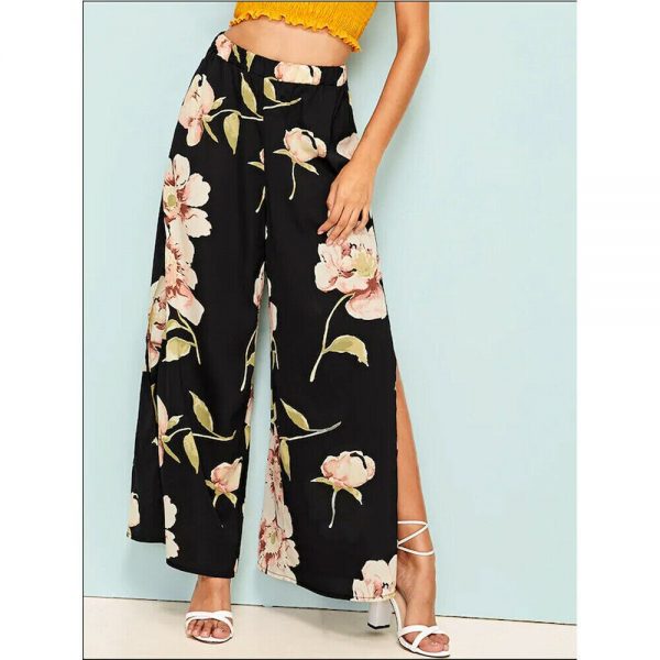 The Best Women's Floral Print Wide Leg High Elastic Waist Simmer Casual Cropped Pants Ladies Split Loose Beach Trousers Online - Takalr